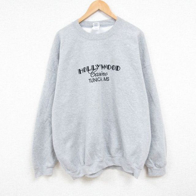 XL★古着 長袖 スウェット メンズ 00年代 00s HOLLYWOOD 刺繍 大きいサイズ クルーネック グレー 霜降り 25jan07 中古 スエット トレーナー トップス