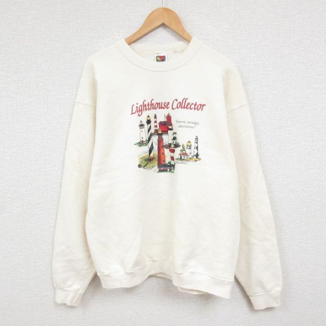 【50%OFF】L★古着 フルーツオブザルーム 長袖 スウェット メンズ 00年代 00s 灯台 クルーネック 白 ホワイト 25jan07 中古 スエット トレーナー トップス