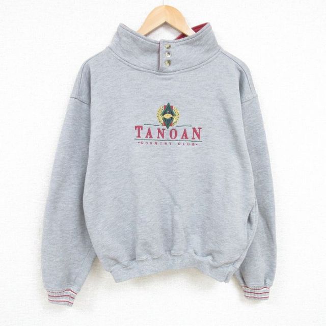 【50%OFF】L★古着 長袖 スウェット メンズ 00年代 00s タノ語族 刺繍 モックネック ハイネック グレー 霜降り 25jan08 中古 スエット トレーナー トップス