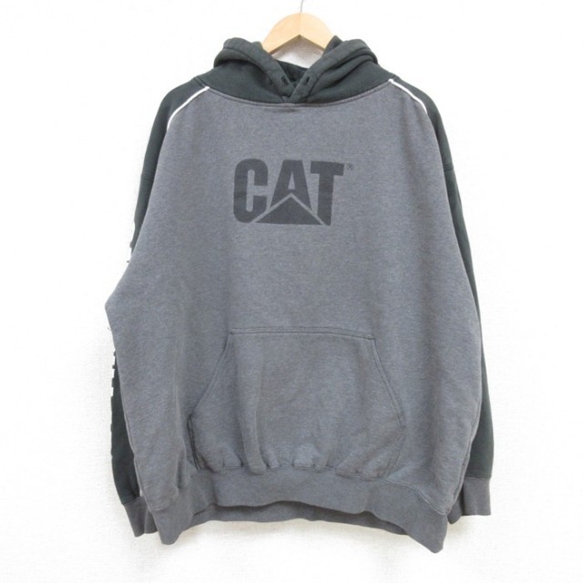【50%OFF】XL★古着 長袖 スウェット パーカー メンズ CAT ツートンカラー 大きいサイズ グレー他 霜降り 【spe】 25jan09 中古 スエット トレーナー トップス