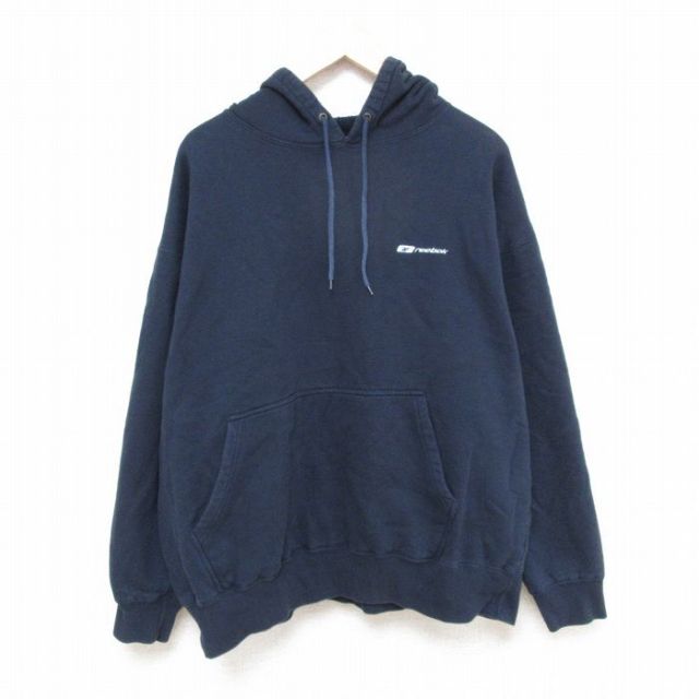 【50%OFF】XL★古着 リーボック REEBOK 長袖 スウェット パーカー メンズ 00年代 00s ワンポイントロゴ 大きいサイズ 紺 ネイビー 25jan15 中古 スエット トレーナー トップス