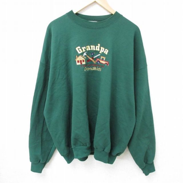 【50%OFF】XL★古着 ヘインズ Hanes 長袖 スウェット メンズ 00年代 00s 家 車 刺繍 大きいサイズ クルーネック 緑 グリーン 25jan15 中古 スエット トレーナー トップス
