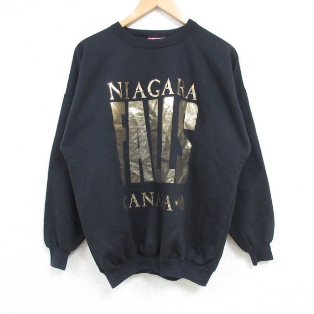 【50%OFF】L★古着 長袖 スウェット メンズ 90年代 90s カナダ クルーネック カナダ製 黒 ブラック 25jan16 中古 スエット トレーナー トップス