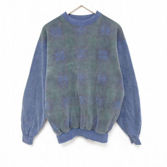 【50%OFF】L★古着 アメリカンイーグル American Eagle 長袖 スウェット メンズ 90年代 90s ツートンカラー クルーネック 緑他 グリーン チェック 25jan27 中古 スエット トレーナー トップス
