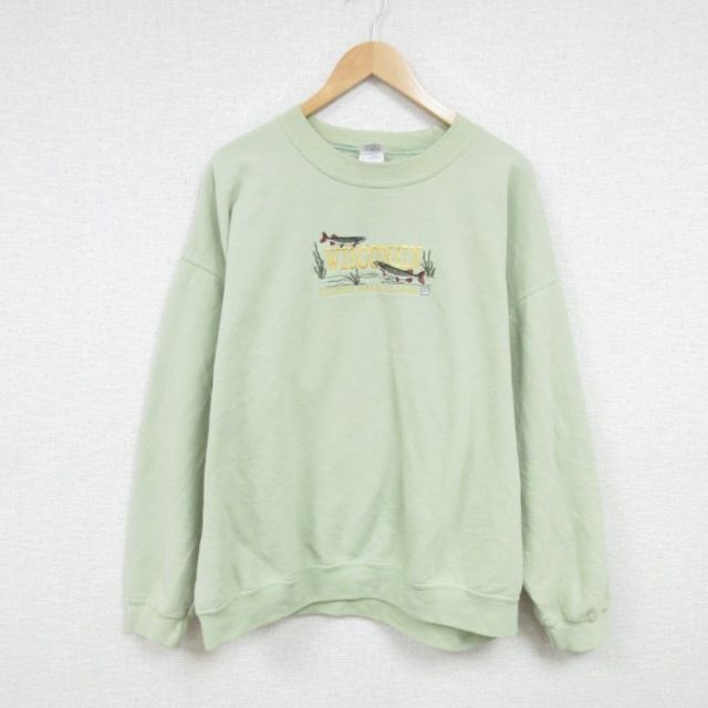 XL★古着 長袖 スウェット メンズ 00年代 00s 魚 刺? 大きいサイズ クルーネック 薄緑 グリーン 25jan20 中古 スエット トレーナー トップス