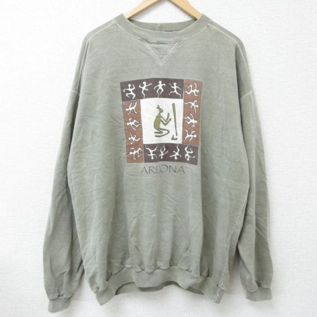 【50%OFF】XL★古着 長袖 スウェット メンズ 00年代 00s アリゾナ 大きいサイズ コットン クルーネック 濃ベージュ カーキ 霜降り 25jan25 中古 スエット トレーナー トップス