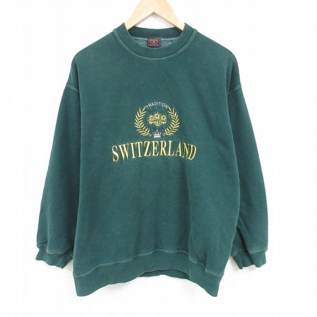 【50%OFF】XL★古着 長袖 スウェット メンズ 00年代 00s スイス 刺繍 クルーネック 緑 グリーン 25jan23 中古 スエット トレーナー トップス