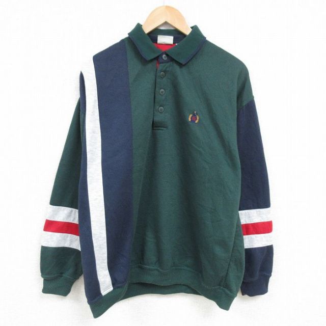 XL★古着 ビューグルボーイ 長袖 スウェット メンズ 00年代 00s ワンポイントロゴ マルチカラー 大きいサイズ 襟付き 濃緑他 グリーン 25jan23 中古 スエット トレーナー トップス