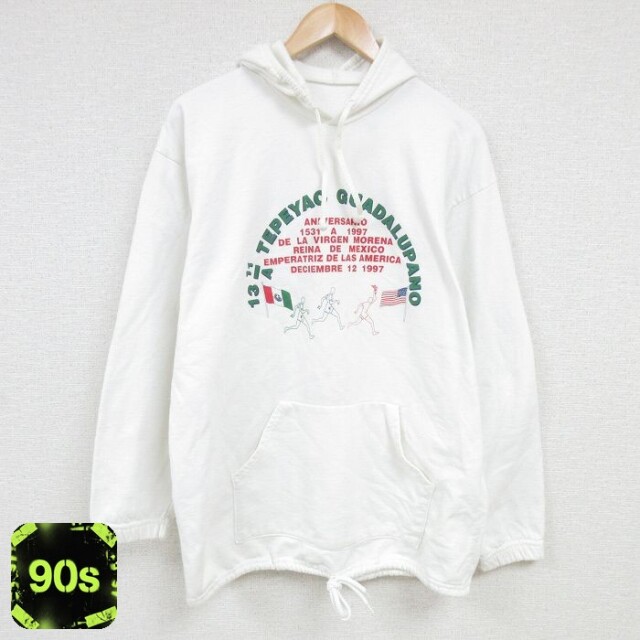 90s 長袖パーカー マラソン ホワイト XL | 古着