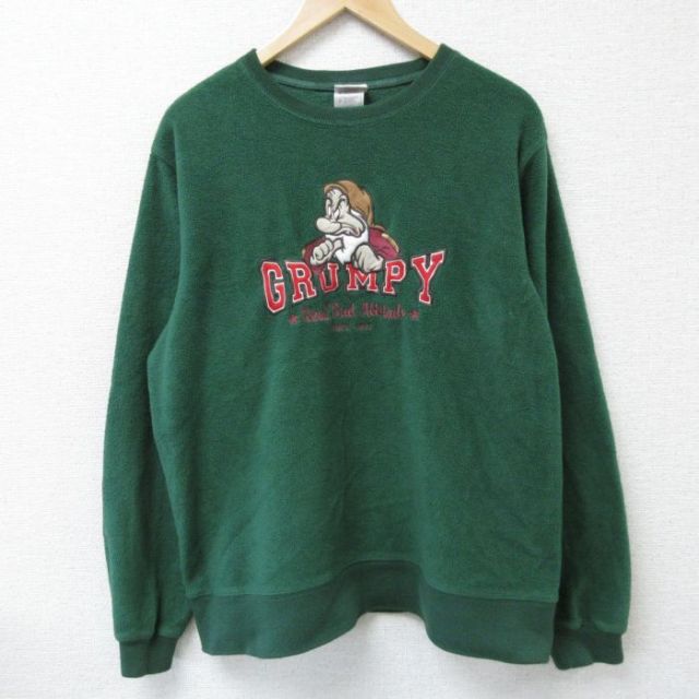 【50%OFF】XL★古着 長袖 フリース トップス メンズ 00年代 00s ディズニー DISNEY しらゆきひめ 7人の小人 七人のこびと グランピー 刺繍 ポリエステル クルーネック 緑 グリーン 25jan31 中古 スエット トレーナー