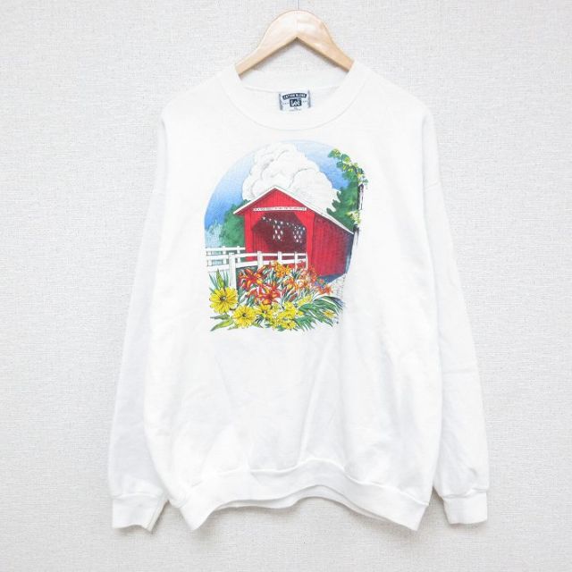 【50%OFF】XL★古着 リー Lee 長袖 スウェット メンズ 90年代 90s 花 クルーネック USA製 白 ホワイト 25jan28 中古 スエット トレーナー トップス