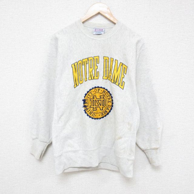 【50%OFF】L★古着 長袖 スウェット メンズ 00年代 00s ノートルダム カレッジ 刺繍 クルーネック 薄グレー 霜降り 25jan28 中古 スエット トレーナー トップス