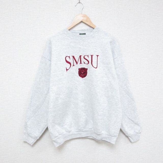 L★古着 長袖 スウェット メンズ 90年代 90s SMSU トラ 刺繍 クルーネック USA製 薄グレー 霜降り 25feb03 中古 スエット トレーナー トップス