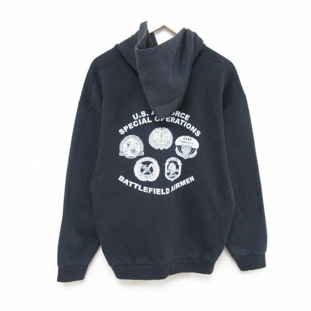 L★古着 長袖 スウェット パーカー メンズ ミリタリー USエアフォース 黒 ブラック 25feb03 中古 スエット トレーナー トップス