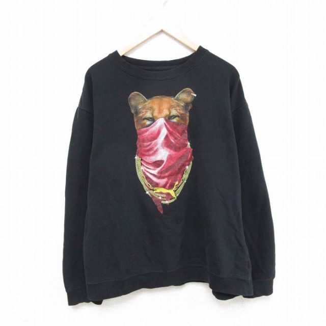 XL★古着 プーマ puma 長袖 スウェット メンズ 動物 クルーネック 黒 ブラック 25feb03 中古 スエット トレーナー トップス