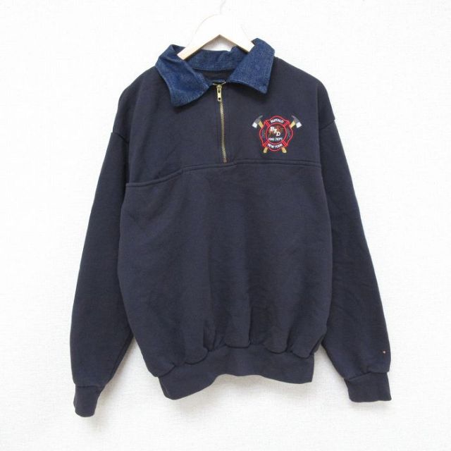 XL★古着 長袖 ハーフジップ スウェット メンズ 90年代 90s 消防署 ニューヨーク 胸ポケット付き 襟付き USA製 紺 ネイビー 25feb03 中古 スエット トレーナー トップス