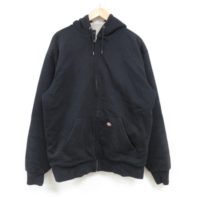 L★古着 ディッキーズ Dickies 長袖 フルジップ スウェット パーカー メンズ 無地 黒 ブラック 内側ボア 25feb04 中古 スエット トレーナー トップス