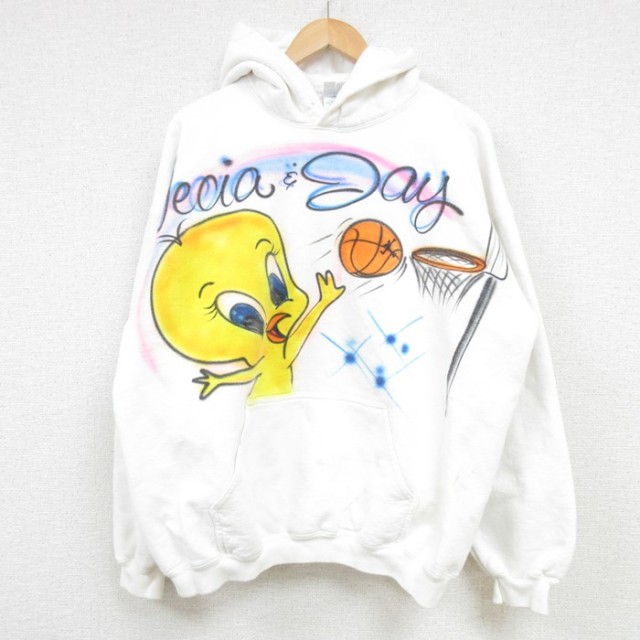 XL★古着 長袖 スウェット パーカー メンズ 00年代 00s ルーニーテューンズ LOONEY TUNES トゥイーティー エアブラシ 白 ホワイト 25feb04 中古 スエット トレーナー トップス