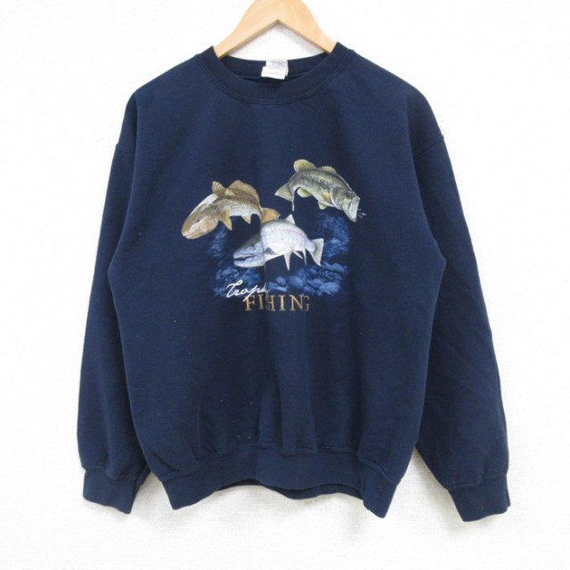 【50%OFF】M★古着 長袖 スウェット メンズ 00年代 00s 魚 クルーネック 紺 ネイビー 25feb04 中古 スエット トレーナー トップス