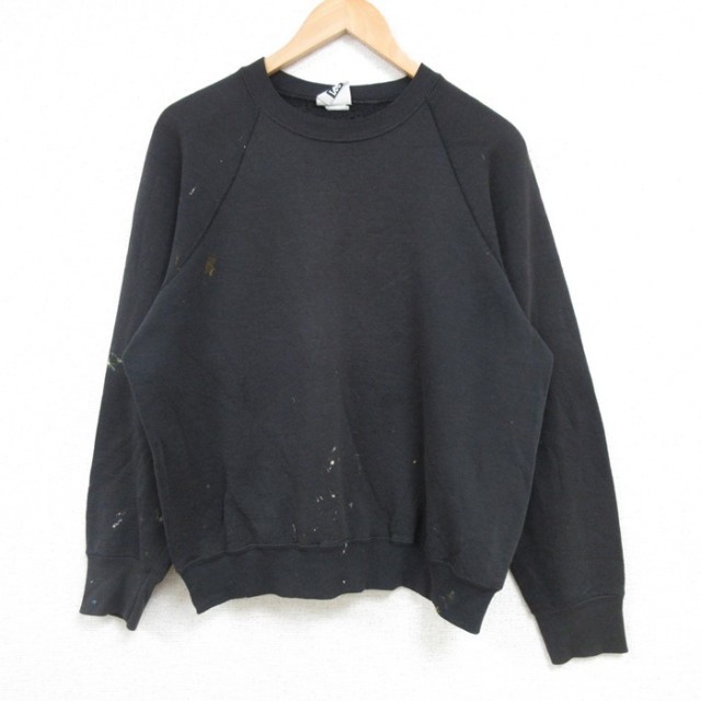 L★古着 リー Lee 長袖 スウェット メンズ 90年代 90s 無地 ラグラン クルーネック USA製 黒 ブラック 25feb04 中古 スエット トレーナー トップス