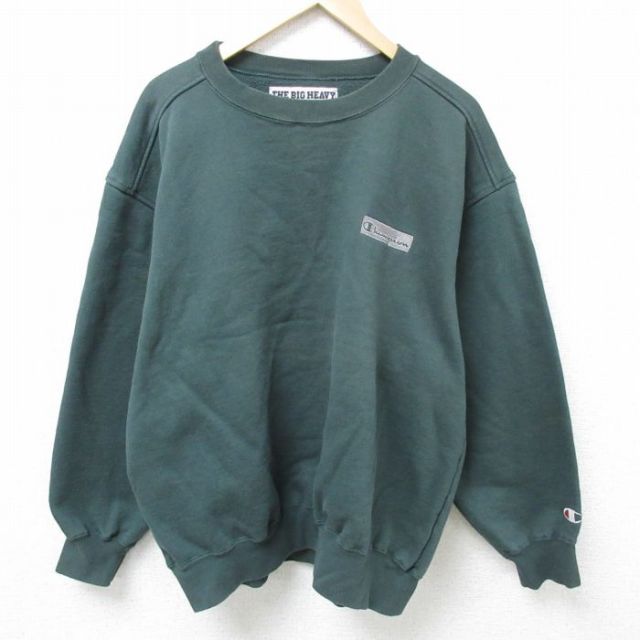 XL★古着 チャンピオン Champion 長袖 スウェット メンズ 90年代 90s ワンポイントロゴ 大きいサイズ クルーネック USA製 濃緑 グリーン 25feb05 中古 スエット トレーナー トップス