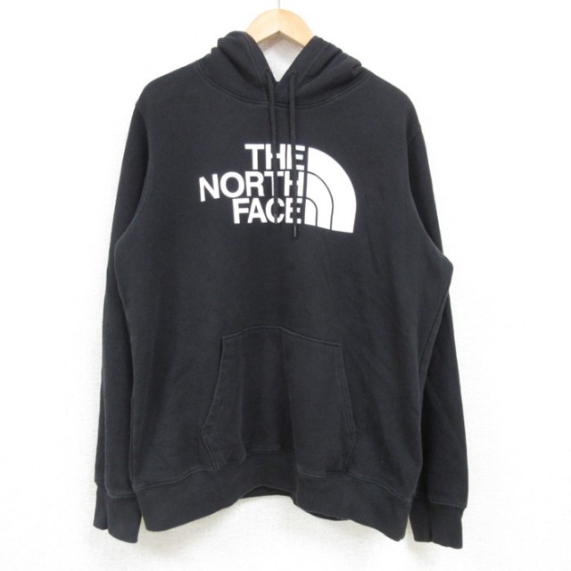 L★古着 ノースフェイス THE NORTH FACE 長袖 スウェット パーカー メンズ ビッグロゴ クルーネック 黒 ブラック 25feb06 中古 スエット トレーナー トップス