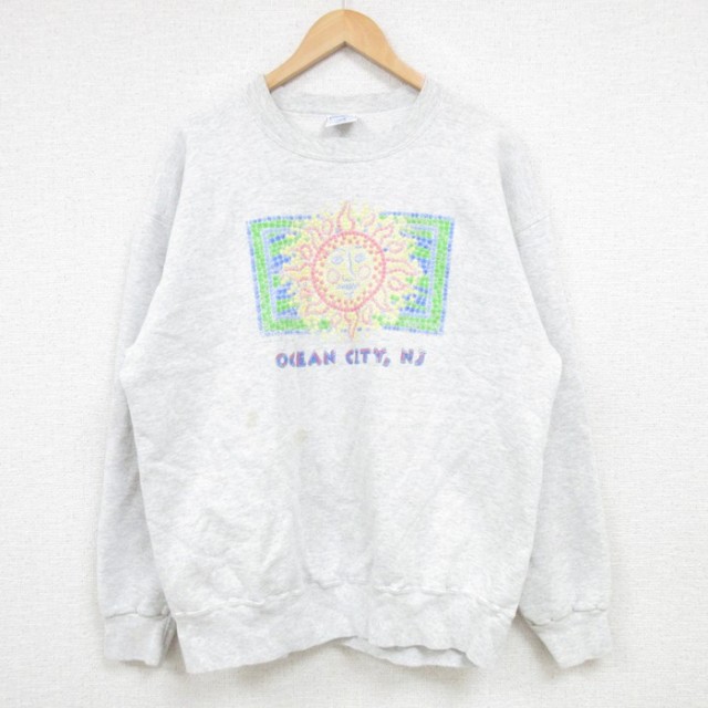 【50%OFF】L★古着 長袖 スウェット メンズ 90年代 90s 太陽 クルーネック USA製 薄グレー 霜降り 25feb06 中古 スエット トレーナー トップス