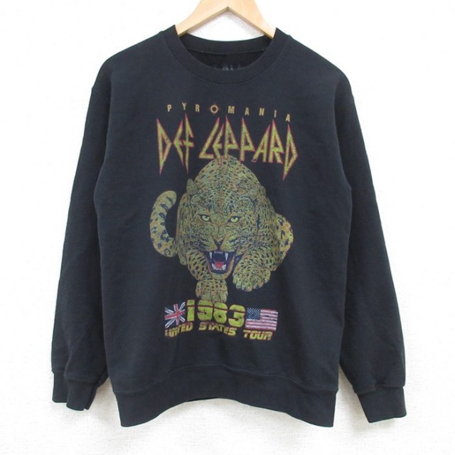 S★古着 長袖 ロック バンド スウェット メンズ デフレパード クルーネック 黒 ブラック 25feb06 中古 スエット トレーナー トップス