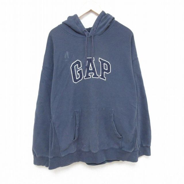 XL★古着 ギャップ GAP 長袖 スウェット パーカー メンズ 00年代 00s ビッグロゴ 刺繍 大きいサイズ 紺 ネイビー 25feb07 中古 スエット トレーナー トップス