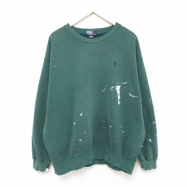 XL★古着 ラルフローレン Ralph Lauren 長袖 ブランド スウェット メンズ 90年代 90s ワンポイントロゴ 大きいサイズ クルーネック 緑 グリーン 25feb07 中古 スエット トレーナー トップス