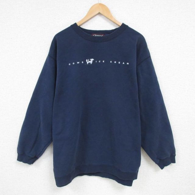 L★古着 長袖 スウェット メンズ 90年代 90s ウシ 大きいサイズ コットン クルーネック カナダ製 紺 ネイビー 25feb08 中古 スエット トレーナー トップス