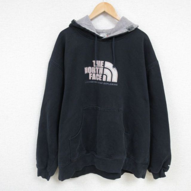 XL★古着 ノースフェイス THE NORTH FACE 長袖 スウェット パーカー メンズ ビッグロゴ 大きいサイズ 濃紺 ネイビー 25feb08 中古 スエット トレーナー トップス