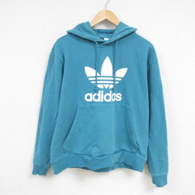 XL★古着 アディダス adidas 長袖 スウェット パーカー メンズ リーフ トレフォイル コットン 青緑 25feb08 中古 スエット トレーナー トップス