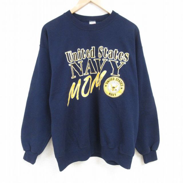 XL★古着 長袖 スウェット メンズ 90年代 90s USAA ミリタリー ARMY NAVY アーミー ネイビー クルーネック USA製 濃紺 25feb07 中古 スエット トレーナー トップス