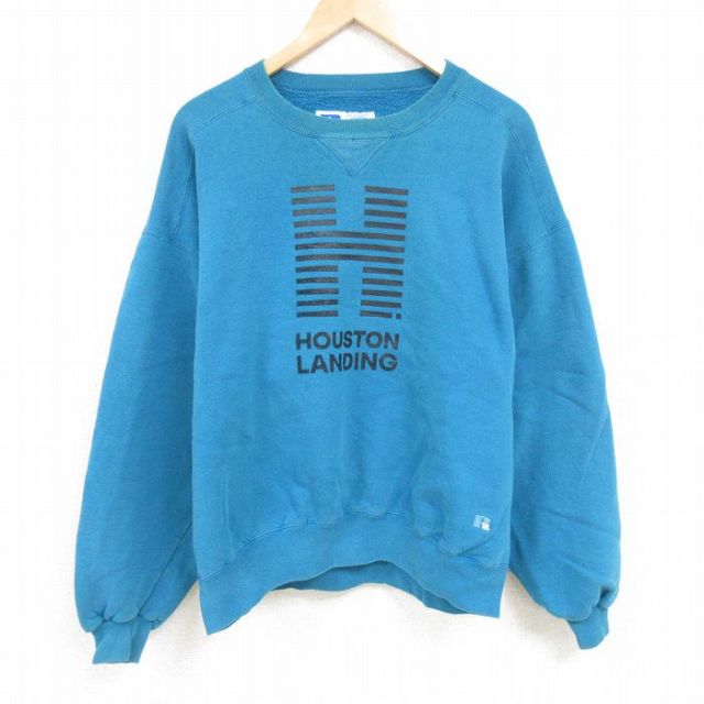 XL★古着 ラッセル 長袖 スウェット メンズ 00年代 00s ヒューストンランディング 大きいサイズ クルーネック 青緑 【spe】 25feb07 中古 スエット トレーナー トップス