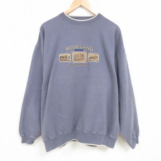 XL★古着 長袖 スウェット メンズ 00年代 00s 鹿 刺繍 大きいサイズ クルーネック グレー 25feb07 中古 スエット トレーナー トップス