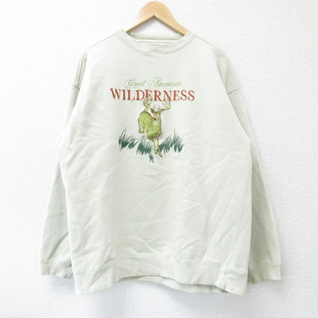 L★古着 長袖 スウェット メンズ シカ 刺繍 クルーネック ベージュ カーキ 25feb08 中古 スエット トレーナー トップス