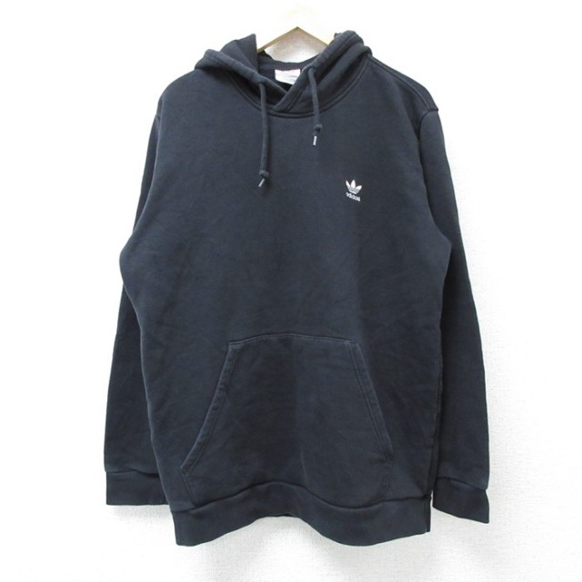 L★古着 アディダス adidas 長袖 スウェット パーカー メンズ ワンポイントロゴ 黒 ブラック 25feb08 中古 スエット トレーナー トップス