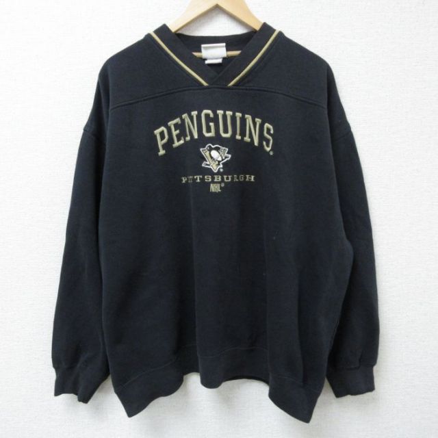 XL★古着 リー Lee 長袖 スウェット メンズ 00年代 00s NHL ピッツバーグペンギンズ 刺繍 大きいサイズ Vネック 黒 ブラック アイスホッケー 25feb10 中古 スエット トレーナー トップス