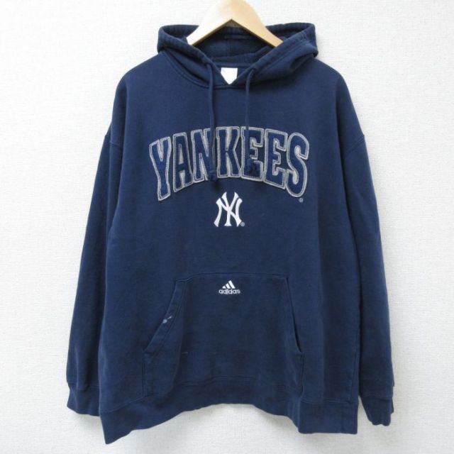 XL★古着 アディダス adidas 長袖 スウェット パーカー メンズ 00年代 00s MLB ニューヨークヤンキース 刺繍 大きいサイズ 紺 ネイビー メジャーリーグ ベースボール 野球 25feb10 中古 スエット トレーナー トップス