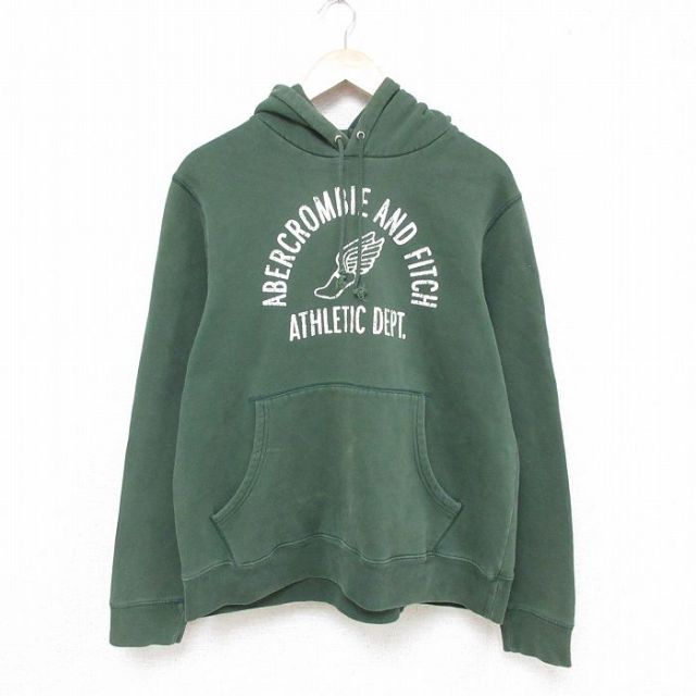 L★古着 アバクロンビー Abercrombie&fitch 長袖 スウェット パーカー メンズ ビッグロゴ 緑 グリーン 25feb10 中古 スエット トレーナー トップス