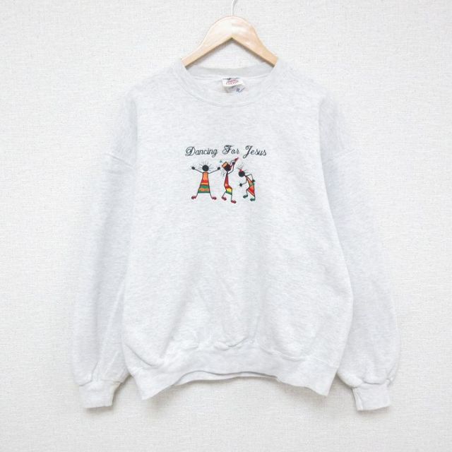 L★古着 ジャージーズ 長袖 スウェット メンズ 90年代 90s 刺繍 クルーネック USA製 薄グレー 霜降り 25feb10 中古 スエット トレーナー トップス