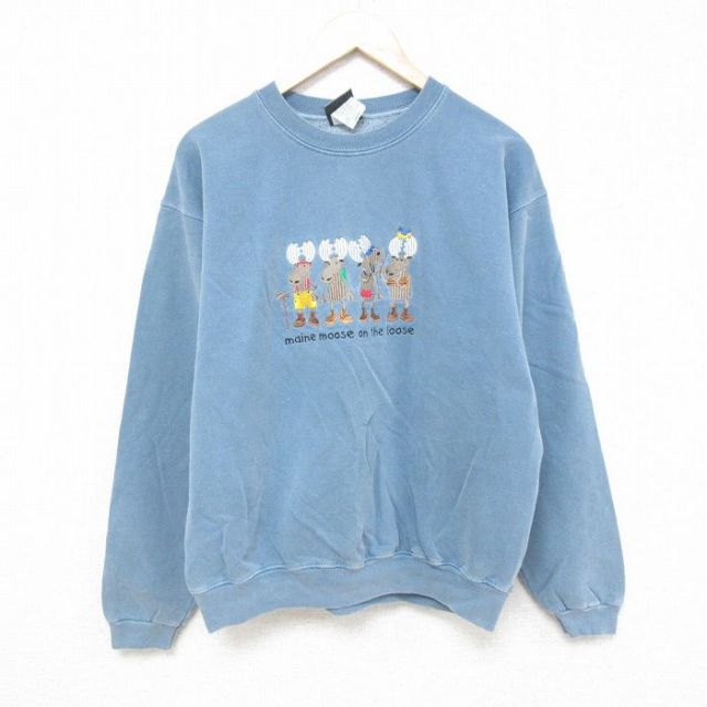 L★古着 長袖 スウェット メンズ 00年代 00s シカ 刺繍 クルーネック 薄紺 ネイビー 25feb10 中古 スエット トレーナー トップス