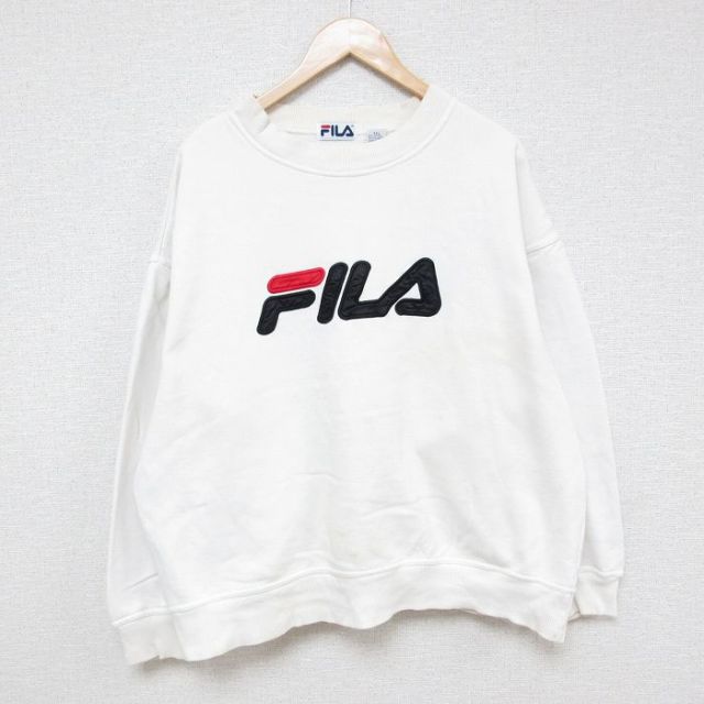 XL★古着 フィラ FILA 長袖 スウェット メンズ 00年代 00s ビッグロゴ 刺繍 大きいサイズ クルーネック 白 ホワイト 25feb10 中古 スエット トレーナー トップス
