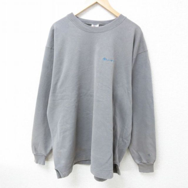 XL★古着 チャンピオン Champion 長袖 スウェット メンズ 90年代 90s ワンポイントロゴ 大きいサイズ クルーネック グレー 25feb12 中古 スエット トレーナー トップス