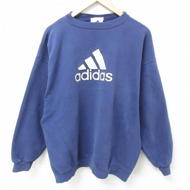 XL★古着 アディダス adidas 長袖 スウェット メンズ 90年代 90s ビッグロゴ 刺繍 クルーネック 紺 ネイビー 25feb12 中古 スエット トレーナー トップス