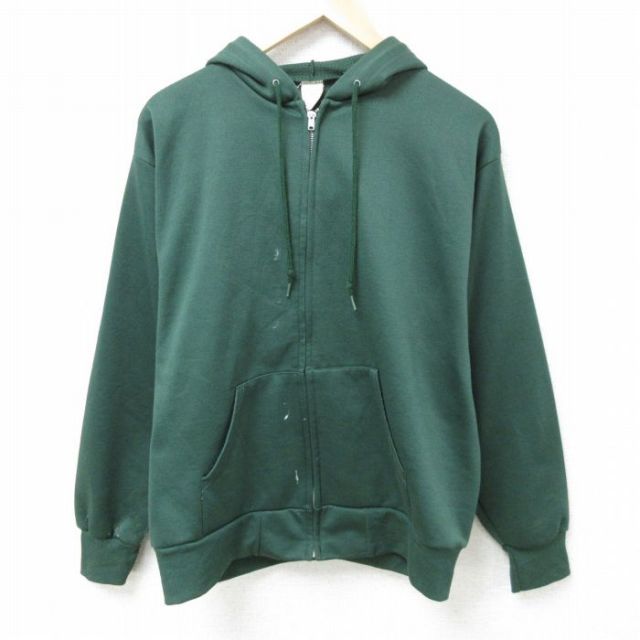 L★古着 長袖 フルジップ スウェット パーカー メンズ 80年代 80s 無地 ポリエステル USA製 緑 グリーン 内側サーマル 25feb12 中古 スエット トレーナー トップス