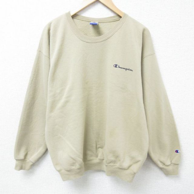 XL★古着 チャンピオン Champion 長袖 スウェット メンズ 90年代 90s ワンポイントロゴ クルーネック ベージュ カーキ 25feb12 中古 スエット トレーナー トップス