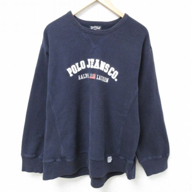 XL★古着 ラルフローレン Ralph Lauren ポロジーンズ 長袖 ブランド スウェット メンズ 00年代 00s ビッグロゴ 刺繍 クルーネック 紺 ネイビー 25feb12 中古 スエット トレーナー トップス