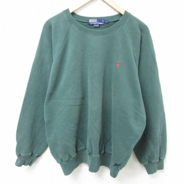 XL★古着 ラルフローレン Ralph Lauren 長袖 ブランド スウェット メンズ 90年代 90s ワンポイントロゴ 大きいサイズ ラグラン クルーネック 濃緑 グリーン 【spe】 25feb12 中古 スエット トレーナー トップス